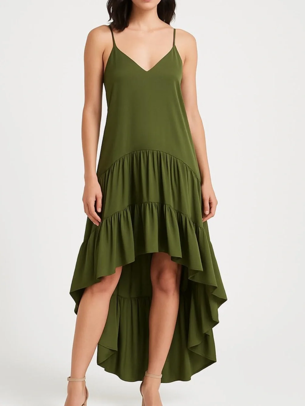 Perrin & Co Silk-like Olive Green Spaghetti Strap High-Low Dress